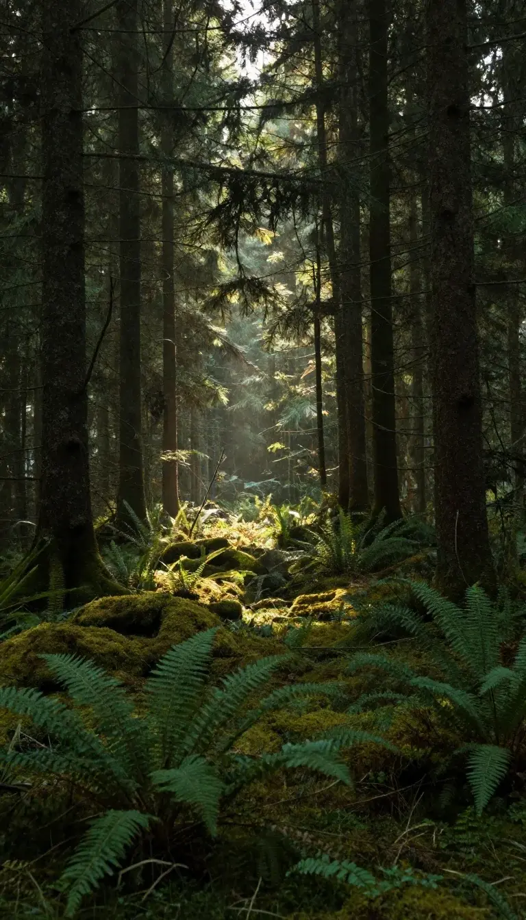 Eine stille Waldlichtung mit Farnen im weichen Morgenlicht.