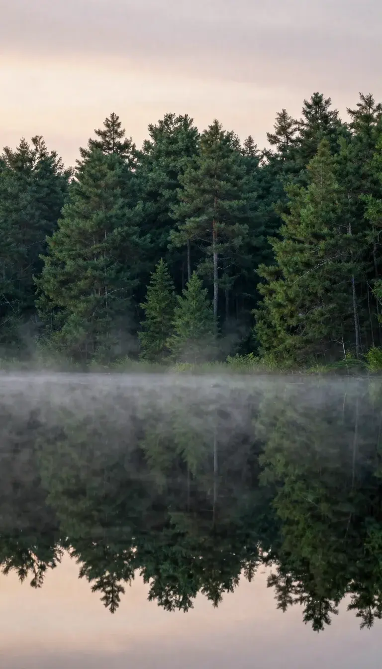 Ein spiegelglatter Waldsee im Morgennebel.