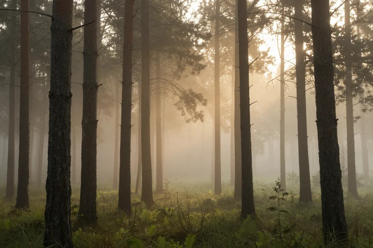 Morning fog between tall pine trunks.