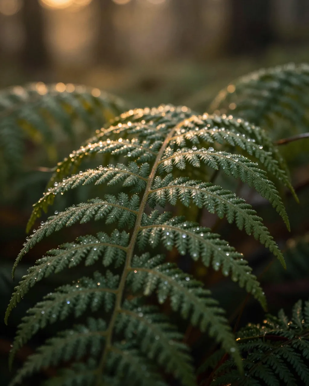 A dew-covered fern in close-up in the morning light.