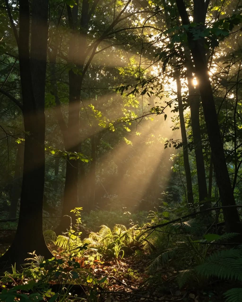 Sun rays falling into a forest clearing.
