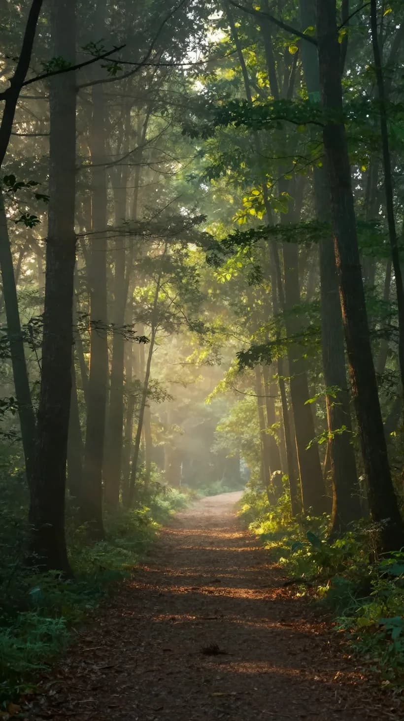 Ein sonniger Waldweg zwischen hohen Bäumen.