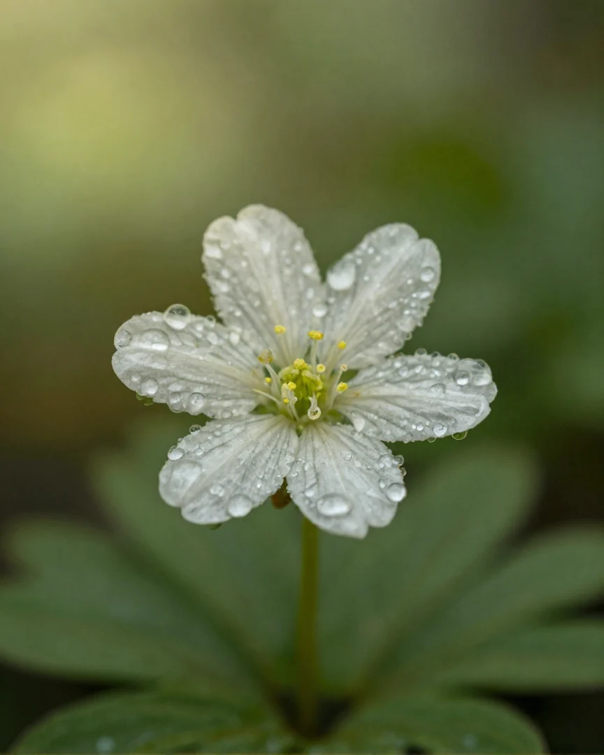 Eine einzelne taunasse Waldblume in Nahaufnahme.