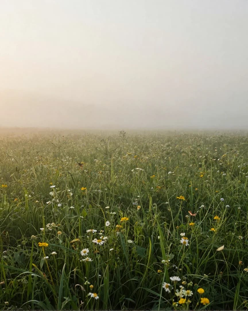 Sanfter Nebel über einer Wiese voller Wildblumen im Morgengrauen.