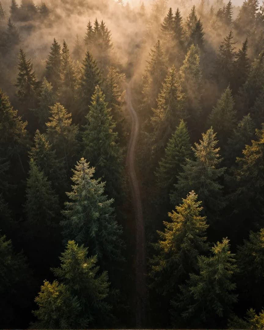 Ein Wald aus der Vogelperspektive, von schmalen Pfaden durchzogen.