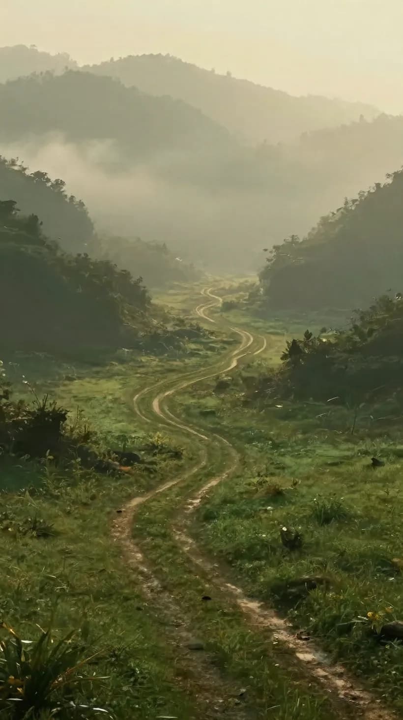 Ein Feldweg schlängelt sich durch ein nebliges Tal.