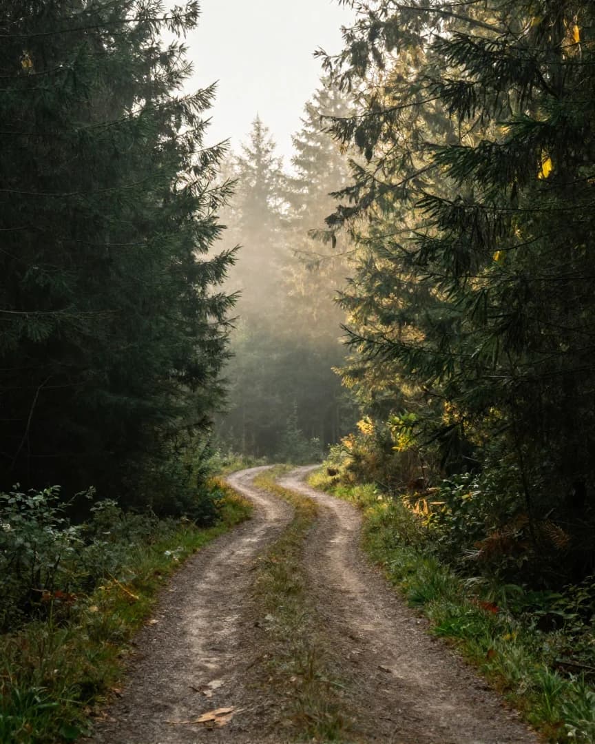 Ein Waldpfad gabelt sich im morgendlichen Nebel.