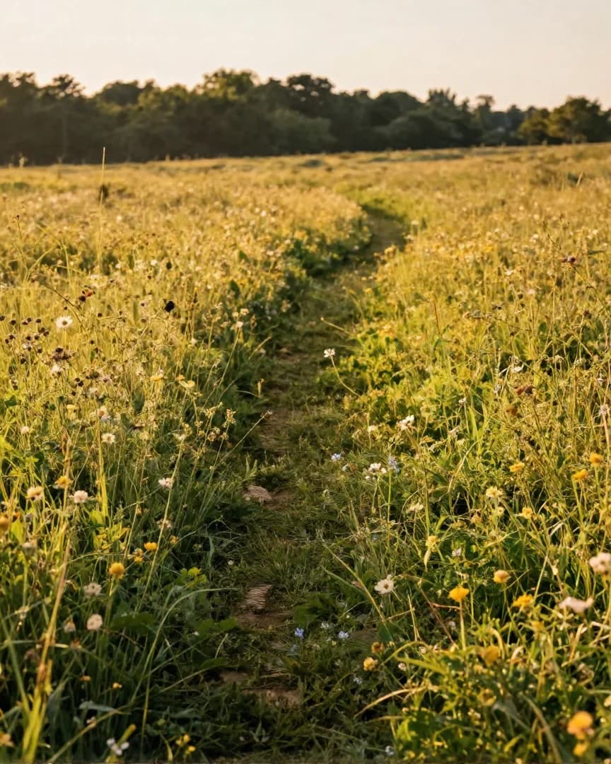 A path through a flower meadow in golden evening light.