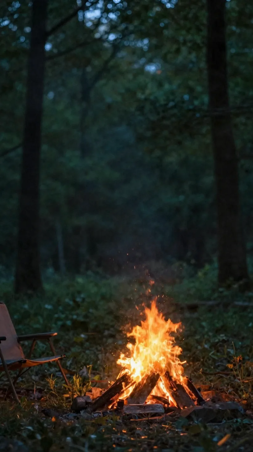 Ein Lagerfeuer im Wald in der Abenddämmerung.