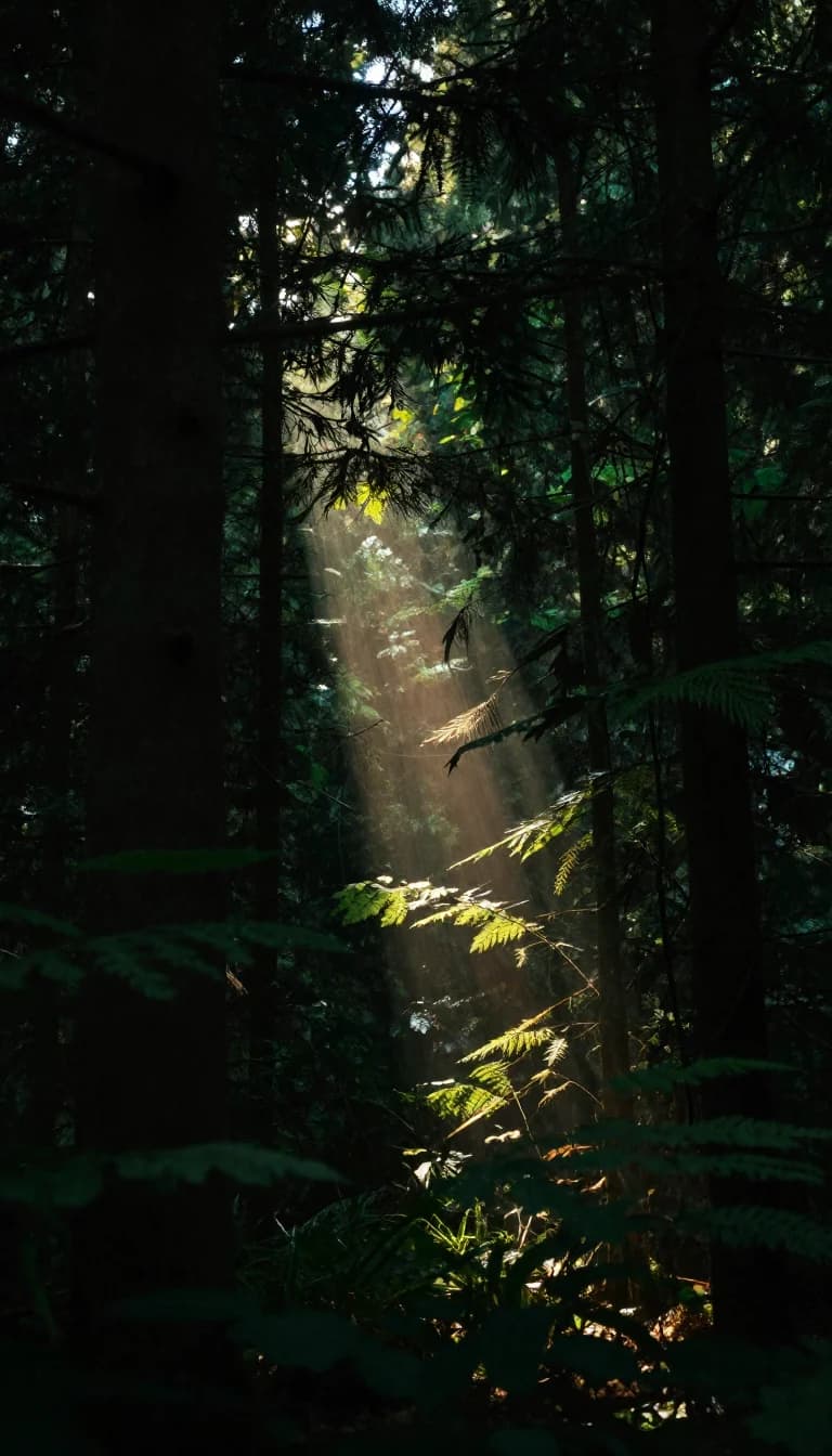 Ein Lichtstrahl fällt in einen stillen, dunklen Wald.