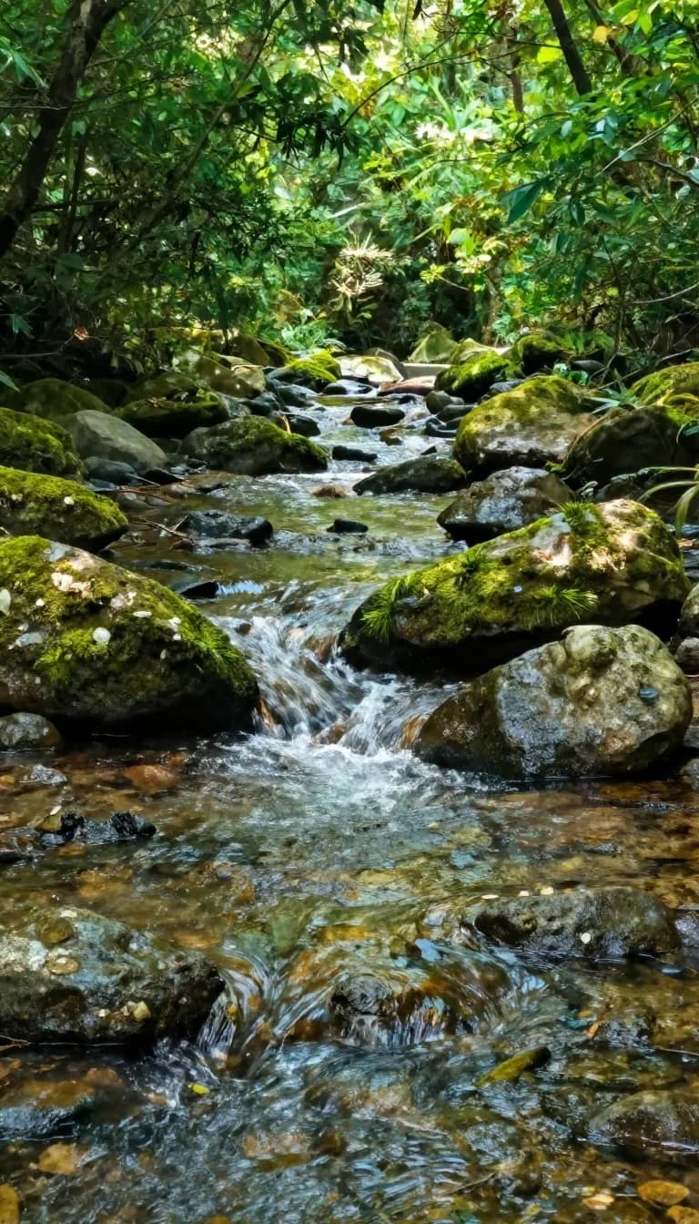 Ein klarer Bach fließt über bemooste Steine im Wald.