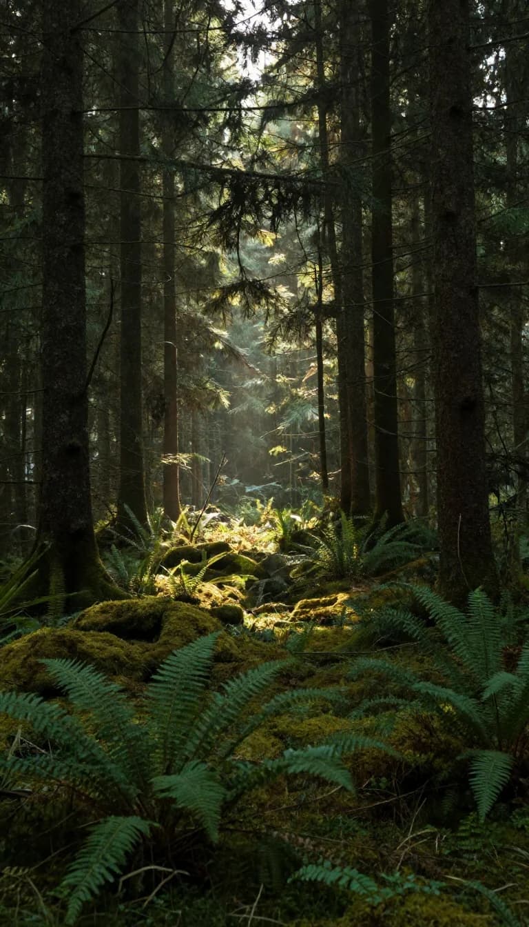 Eine stille Waldlichtung mit Farnen im weichen Morgenlicht.