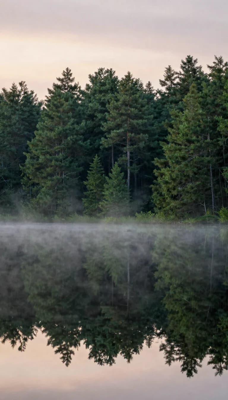 Ein spiegelglatter Waldsee im Morgennebel.