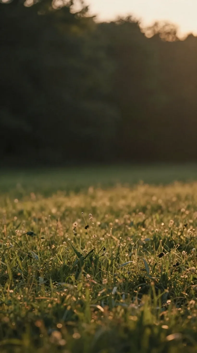Eine taunasse Wiese im goldenen Abendlicht.