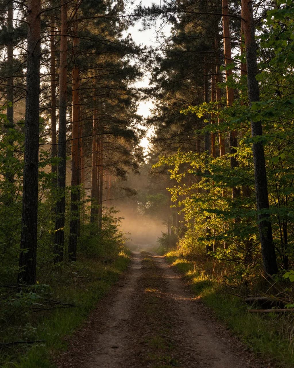 Ein Trailhead im goldenen Abendlicht, ein schmaler Pfad führt zwischen hohen Bäumen in den Wald.